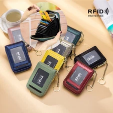 RFID Credit Card Wallet Genuine Leather Zipper ID Card Case Holder with Keychain