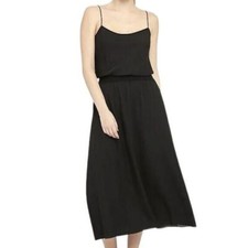 Theory Black Silk Midi A-Line Dress Women Small S Ribbed Waistband Spaghetti