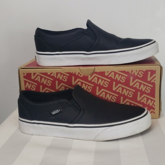 black leather van slip ons