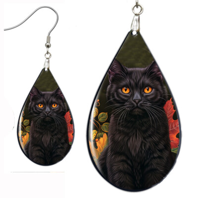Black Cat Earrings Teardrop NO TARNISHING Wood Fall Leaves Black Cat Lover Gift