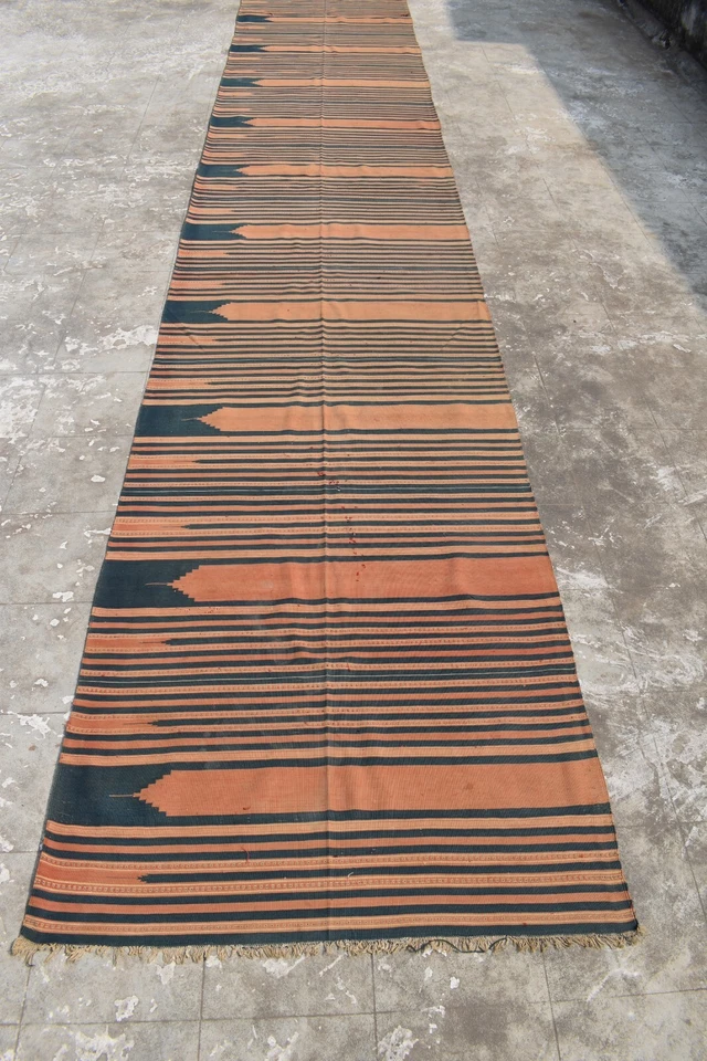 长款古董印度Dhurrie长条地毯手工编织Kilim靛蓝蓝色和红色罕见5 — 第 2/4 张图片