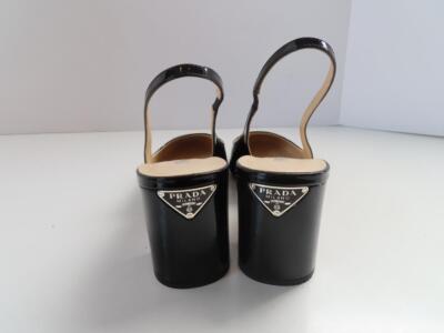 PRADA Black Patent Leather Almond Toe Block Heel Slingback Pumps