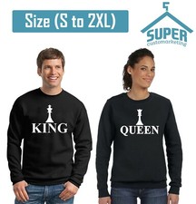 Hand Made King Queen CHESS Couple CREWNECK Sweatshirt WHITE Design Cartoon Fun