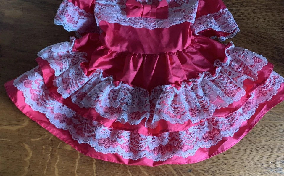 Vestido De Colección Jill Lynn 12M Rosa Caliente Volantes Falda Completa Volantes Encaje Mangas Acampanadas Foto 3 de 4