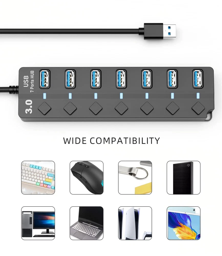 7-Port USB 3.0 Hub with LED On/Off Switches & Extended Cable