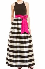  ELIZA J BLACK STRIPE TIE-WIAST BALL-GOWN DRESS sz  6