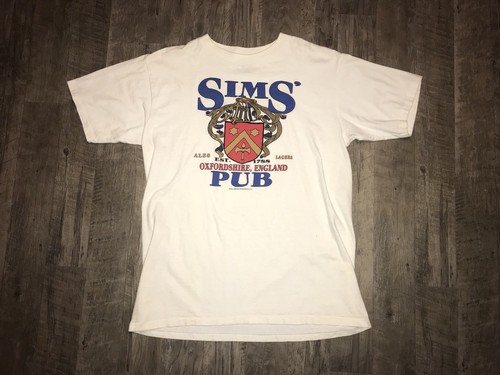 Camiseta vintage 1991 Los Sims' Pub Oxfordshire, Inglaterra RARA XL Usada en excelente condición Ales Lagers - Imagen 3 de 9