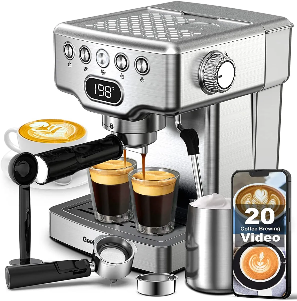 20 Bar Espresso Machine with Milk Frother Wand Cappuccino Latte Coffee Maker  1.8