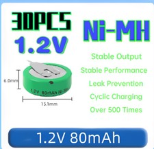 30PCS 1.2V 80mAH Ni-MH Rechargeable Battery With 2 Pins/Tabs For Meter Alarm New