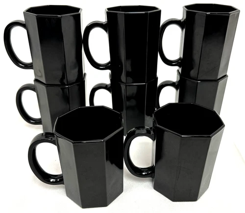 Set Of 8 Arcoroc Black Octagon / Octime Glass Coffee Mugs - France