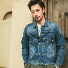 Red Tornado Retro Distressed Denim Jacket Men's Selvedge Jean Coat Washed Blue