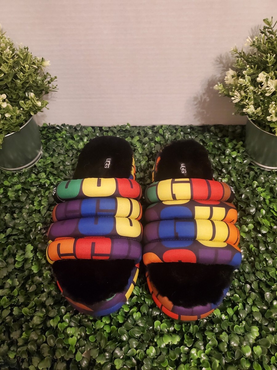 Ugg ~ Pride Maxi Slide Logo Rainbow💙💛❤Slip On Women's Size 6