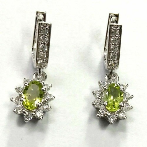 UNIQUE STERLING SILVER 925 Rhodium plated NATURAL PERIDOT EARRINGS - Picture 2 of 2