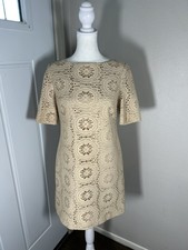 Women  s Adrianna Papell Dress Size 4P Eyelet Crochet Tan Shift Mod Mini Dress
