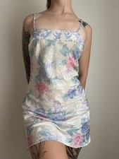 VTG Circa 2000 Large Ivory Floral Satin Slip Nightgown Adjustable Square Neck
