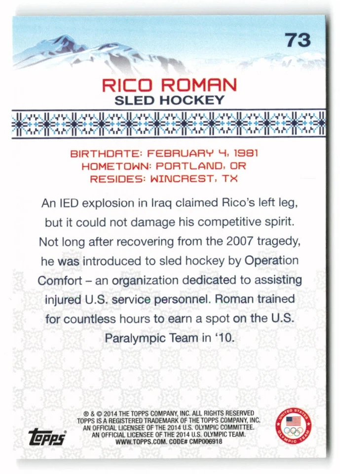 2014 Topps U.S. Olympic & Paralympic Team & Hopefuls #73 Rico Roman USA - Image 2 of 2