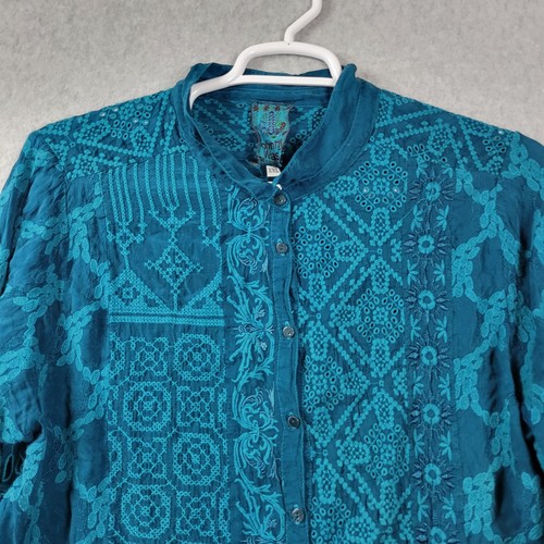 JOHNNY WAS Teal Floral Eyelet Back LS Button Up Shirt Women's Plus XXL - Picture 3 of 12