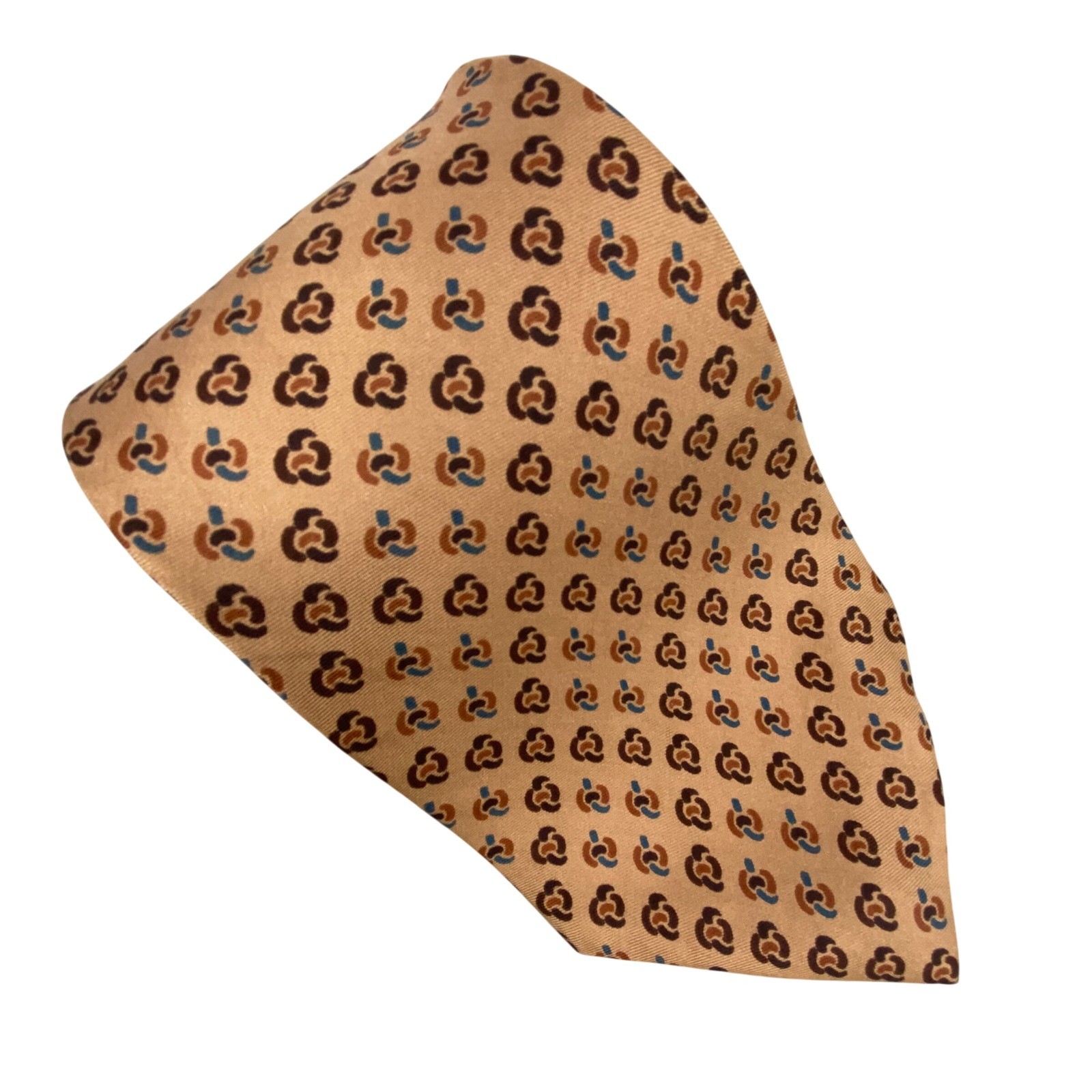 Yves Saint Laurent Tie Mens OS Tan Silk Geometric Medallion Excellent Vintage