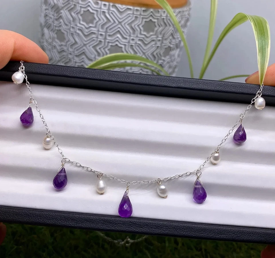 Natural Briolette Amethyst and Creamy Pearl Necklace, silver 925. 18Inches - Image 3 of 4