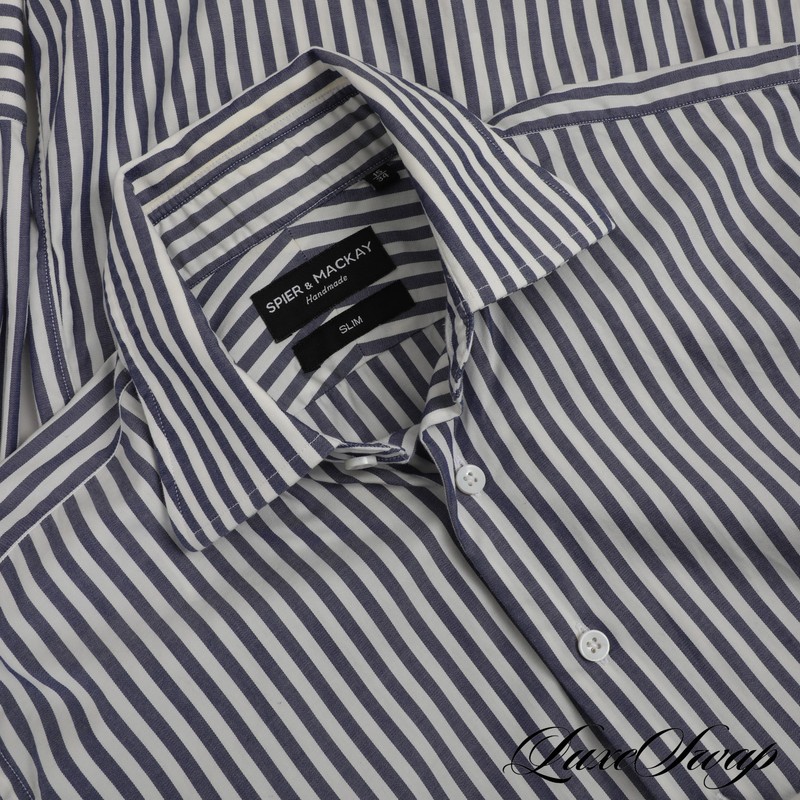 Spier & Mackay Navy Blue White Awning Stripe Slim Fit Button Down Dress Shirt 15