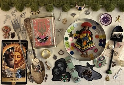 Small Peruvian Cloth Doll Tin Box Charms Rings Trim Stickers Junk Drawer Art Lot