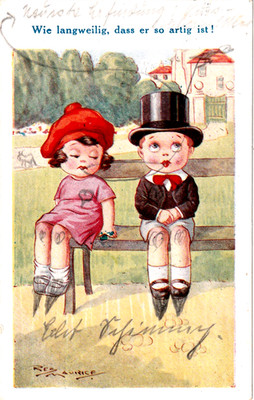 AK  Mädchen + Knabe m. Zylinder sitzen auf einer Bank - Verlag: HWB Nr. 62