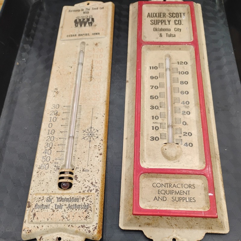 2 vintage Advertising Thermometers Auxier Scott Supply OK & Feedlot Iowa