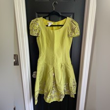 Oscar de la Renta Early 2000’s Chartreuse Green Silver Sequin Dress-Size 0