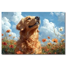 GOLDEN RETRIEVER FLOWER FIELD ART PRINT, Dog Poster, Puppy Floral Home Decor