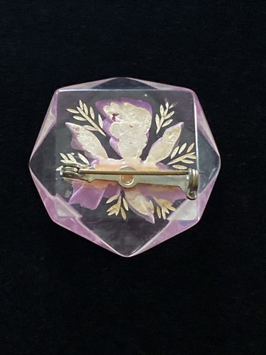 Vintage klare Plexiglas umgekehrt geschnitzte lila Blume Brosche Anstecknadel 1,5" - Bild 4 von 4