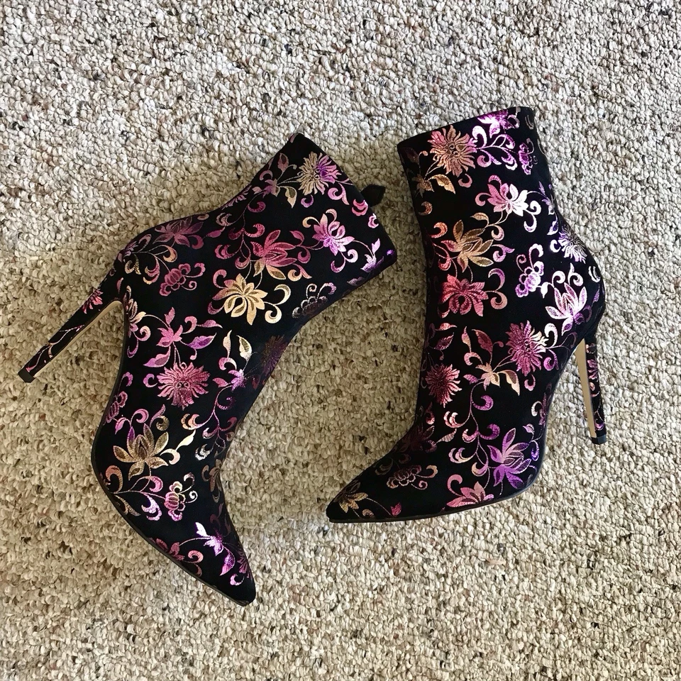 Botines Darco & Gianni Stiletto 39/8.5 Negro Rosa Metálico Floral Punta Foto 3 de 4