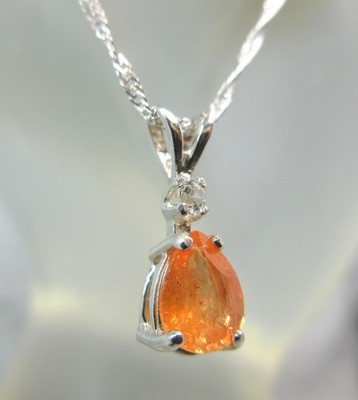 SPESSARTITE GARNET Necklace Sterling Silver Pendant Fanta-orange White Sapphire