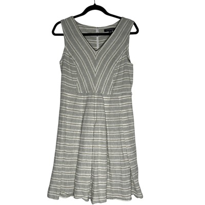 Sharagano Fit & Flare Dress Women's Size 8P Linen Blend Gray/White Gold Shimmer 