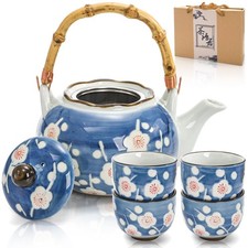 Japanese Tea Set, Ceramic Floral Tea Pot and 4 Pieces Cups
