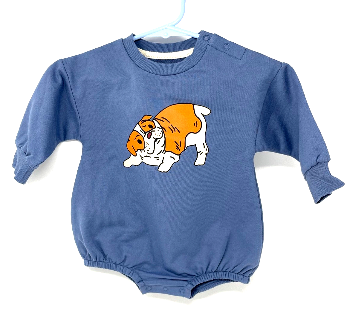 Baby Romper 6-12M Long Sleeve Organic Cotton Blue Bulldog Print Bodysuit-image