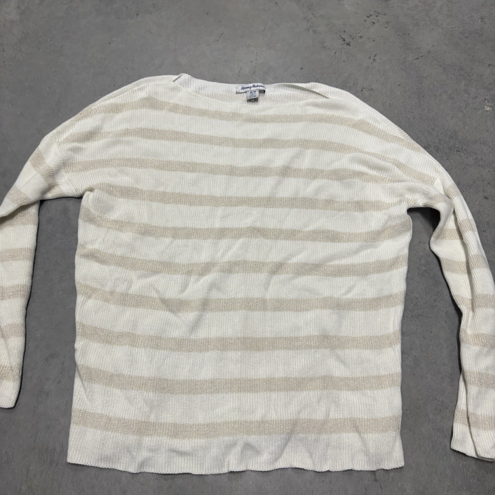 Tommy Bahama Women's Sweater Sparkly Striped White Size Medium Long Sleeve