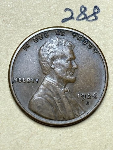 1926-S LINCOLN WHEAT CENT,  low mintage date, Very Fine or better  #288