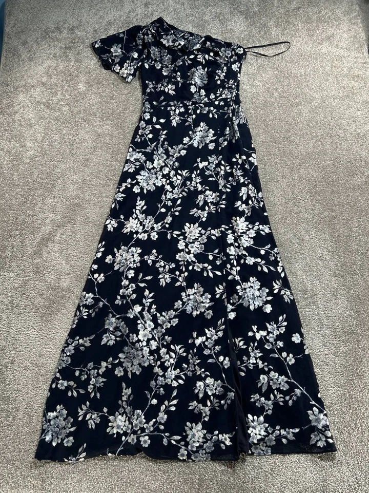 Lauren Ralph Lauren One Shoulder Maxi Dress Womens 4 Blue Floral Print High Slit - Image 2 of 4