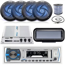 Pyle Single DIN MP3 Bluetooth Marine Receiver, 4x 4'' 100W Speakers, Amplifier