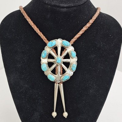 Vintage Navajo Sterling Silver Turquoise Bolo Tie 54g Southwestern Sandcast?