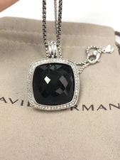 David Yurman Silver Albion 20mm Black Onyx & Diamond Pendant Necklace 18"