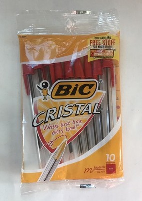 Bic Cristal Ball Pens Red Ink 10 Pack Medium 1.0 mm Ball Pens New In Package