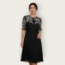 Vintage 90s Eve s Allure Royal Black Full Beaded Dress Silk Cocktail Dress Small