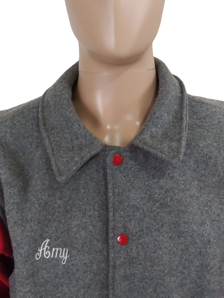 Chaqueta De Colección Para Mujer Amy Reebok EE. UU. Cuero Universitario Lana Gris Roja Talla Grande Foto 3 de 4