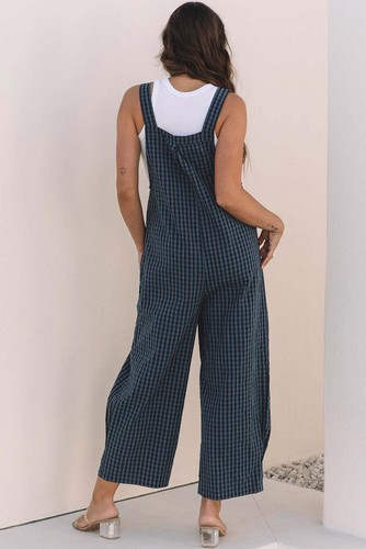 Sail Blue Plaid Print Buttoned Pocketed High Waist Overall - Picture 10 of 13