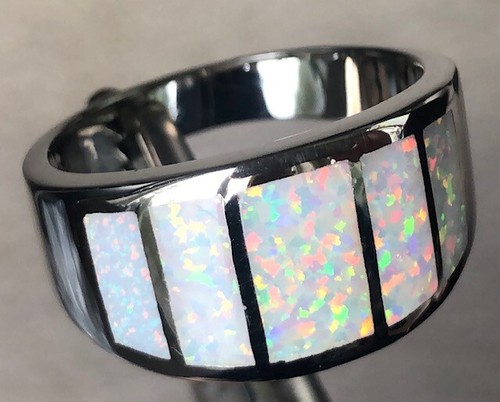 Men's White with pink sunset Glow Opal Bank of Windows sterling silver ring 13 - Picture 4 of 10