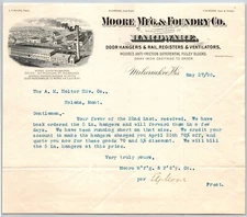 Moore Mfg & Foundry Co Door Hangers Registers Milwaukee 1896 Letterhead