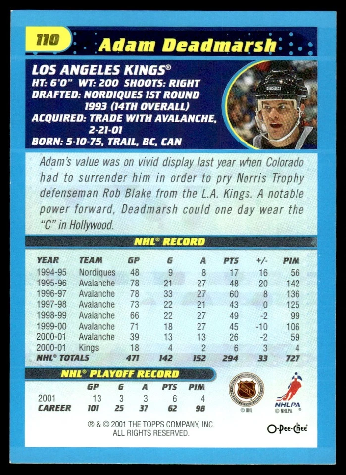 2001-02 Topps O-Pee-Chee RETRO Adam Deadmarsh Los Angeles Kings #110 - Image 2 of 2