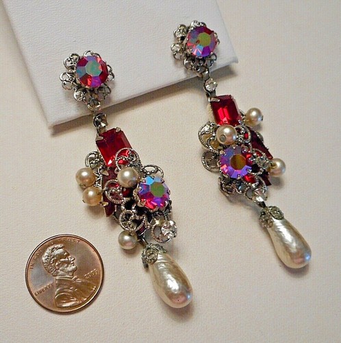 Early Haskell Gripoix Red Glass Faux Pearl Fringe Necklace Bracelet Earrings Set - Picture 4 of 10