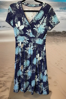 LL Bean Dress Size Small Faux Wrap Midi  Blue Floral Stretch Short Sleeve